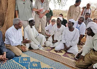 International challenges. Kofi Annan communicating with tribal leaders in Darfur. Courtesy of the United Nations and Eskinder Debebe.