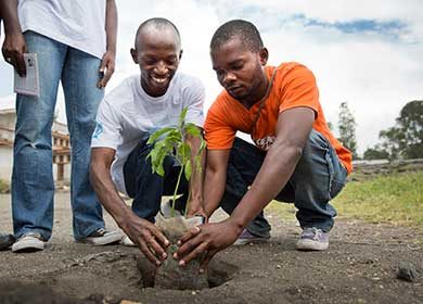 Two men planting a tree in Goma, Congo on Volunteer Day in 2013. Courtesy of the United Nations and Sylvain Liechti.