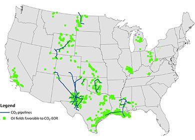 A map of potential carbon dioxide sequestration sites. Courtesy of the U.S. National Energy Technology Lab.